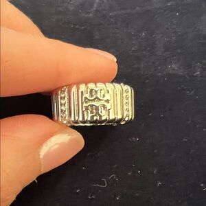 Tory Burch Silver Ribbed Logo Band with Clear Accents